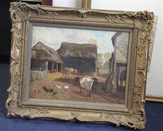 Charles Collins (1851-1921) Cattle and poultry in a farmyard 12 x 15.5in.